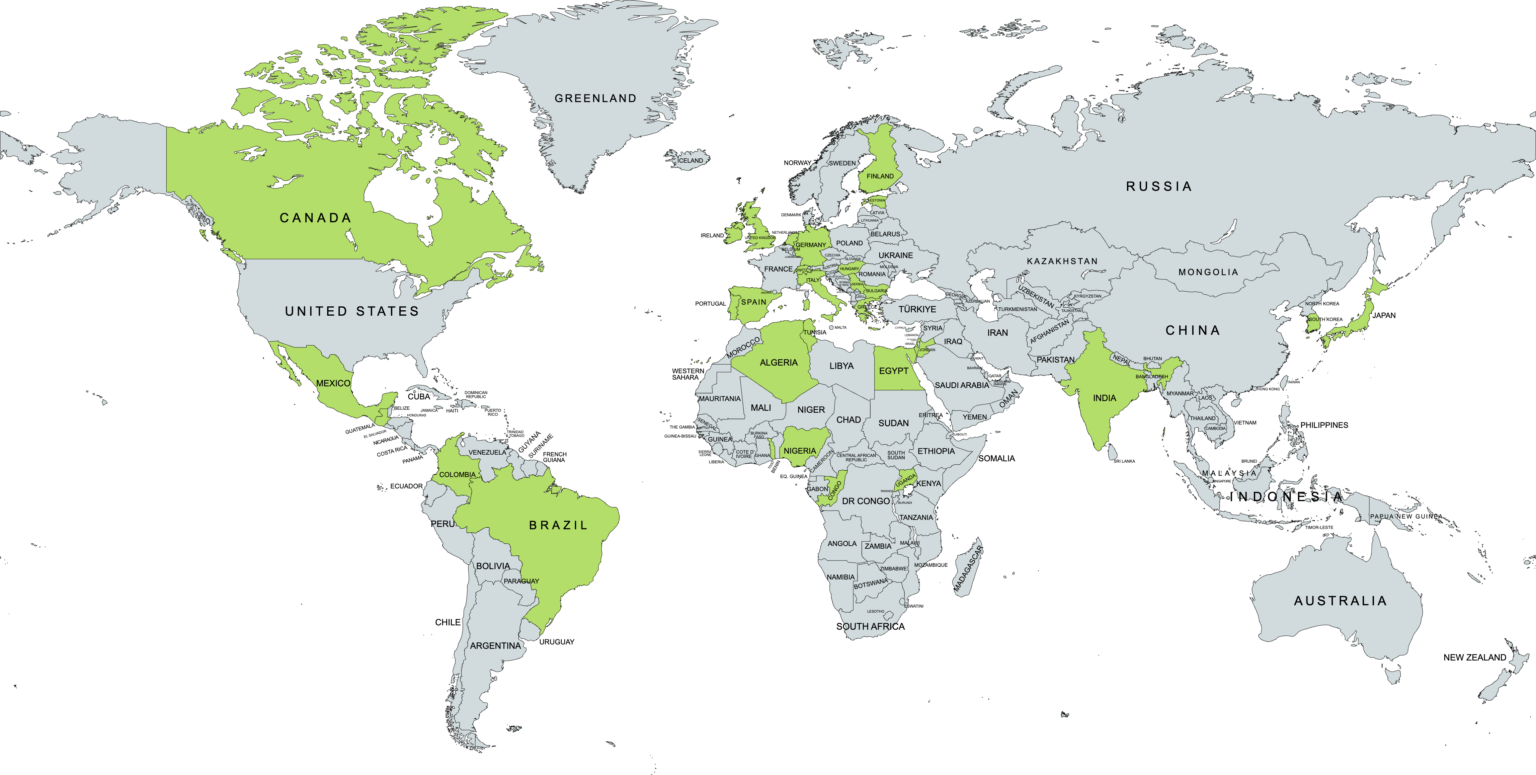 Map of the globe highlighting countries with companies that have participated with the Koffman Incubator