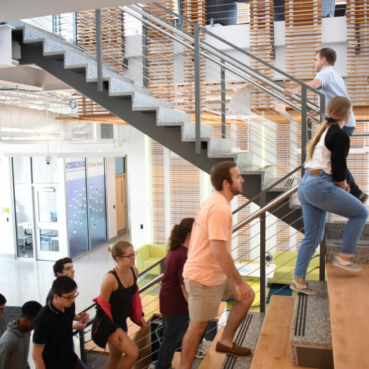 A group of students ascends a staircase in the Koffman building.